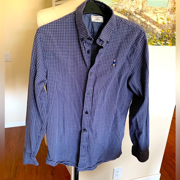 Giordano Oxford stretch, super slim Blue Gingham Casual Shirt - Picture 1 of 4